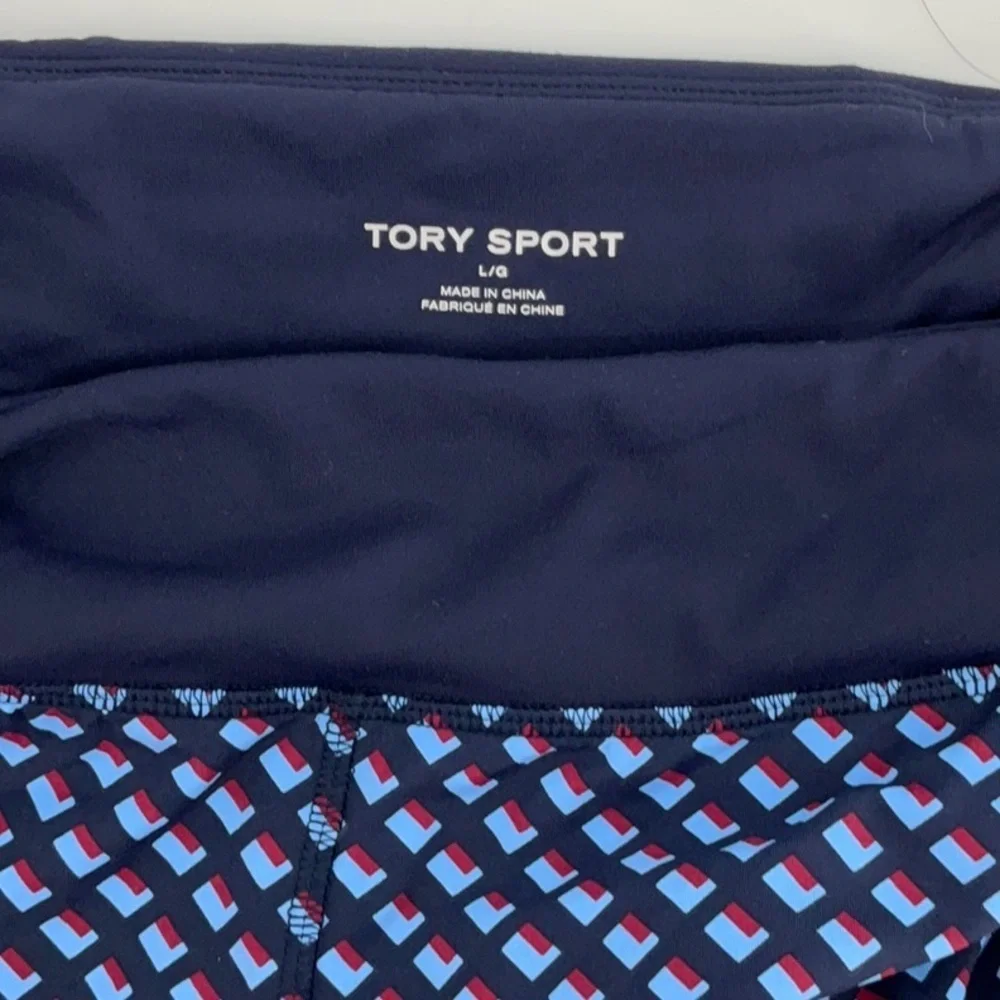 Tory Burch Sport Patterned Leggings Size Large Navy & Light Blue Logo Print